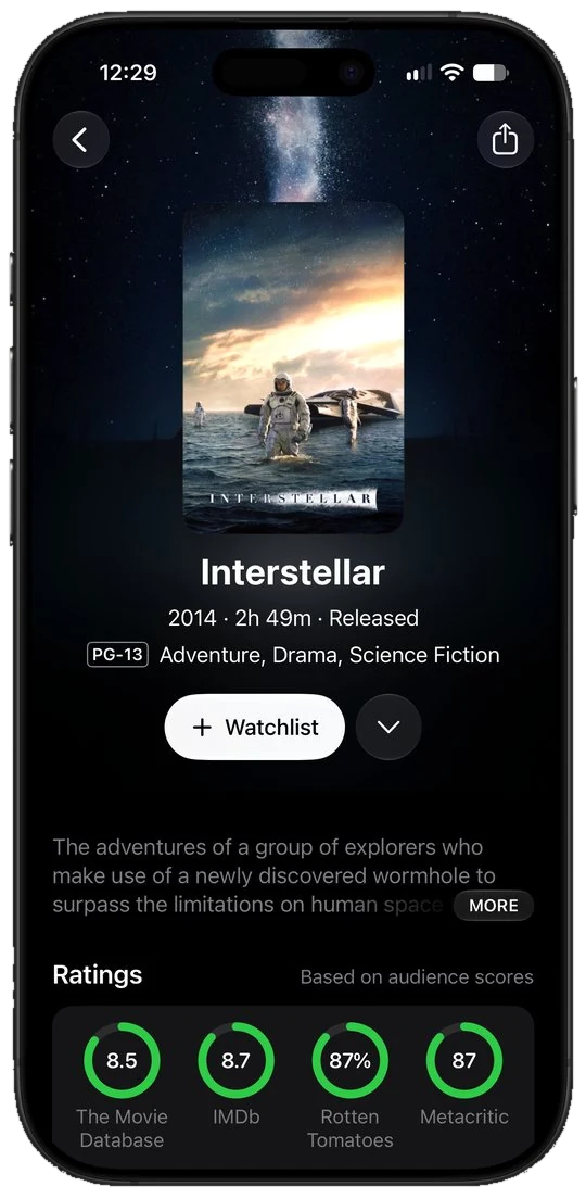 Interstellar detail page on iPhone showing ratings from four sources and a Watchlist button