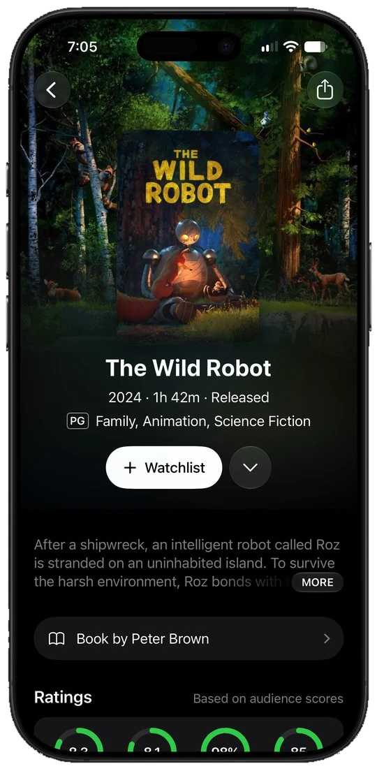 The Wild Robot on Limelight for iPhone with ratings from four sources and a Watchlist button