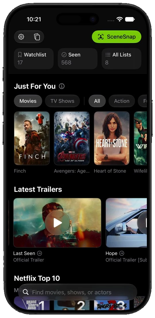 Limelight Home on iPhone with Just For You picks, latest trailers, and the Netflix Top 10