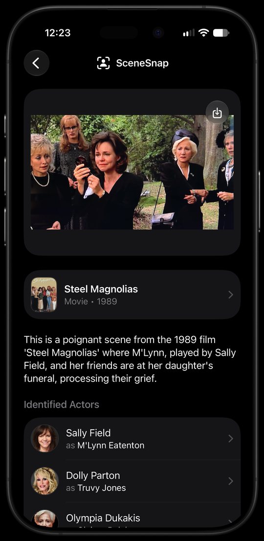 SceneSnap on iPhone identifying Steel Magnolias and its actors from a clip