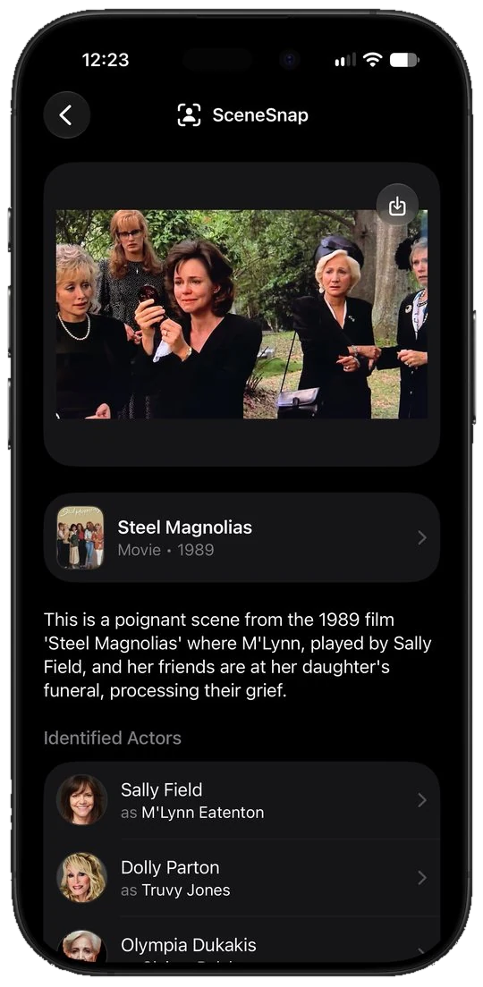 SceneSnap on iPhone identifying Steel Magnolias and its actors from a clip