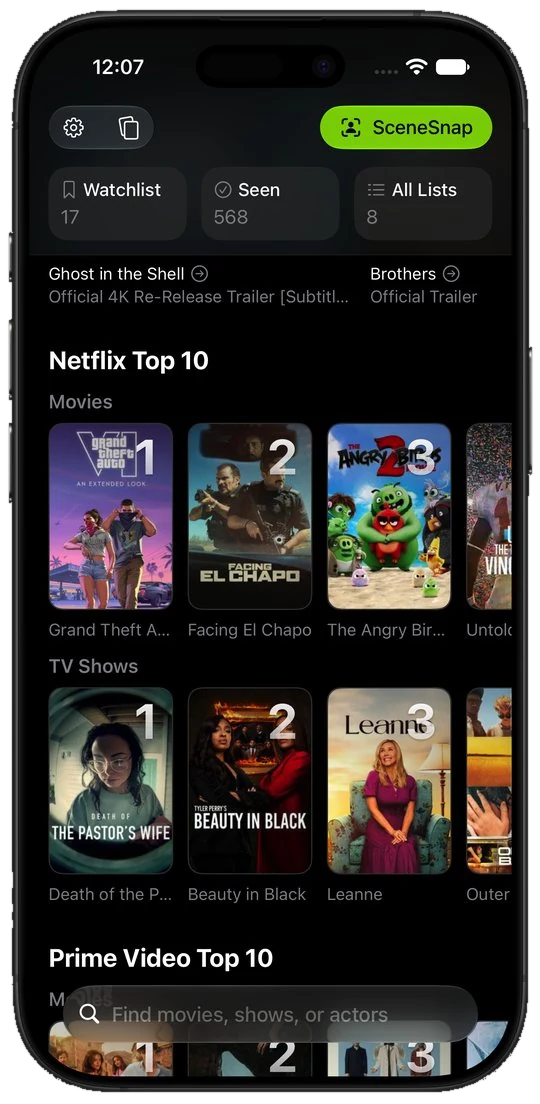 Limelight Home on iPhone showing the Netflix and Prime Video Top 10 charts