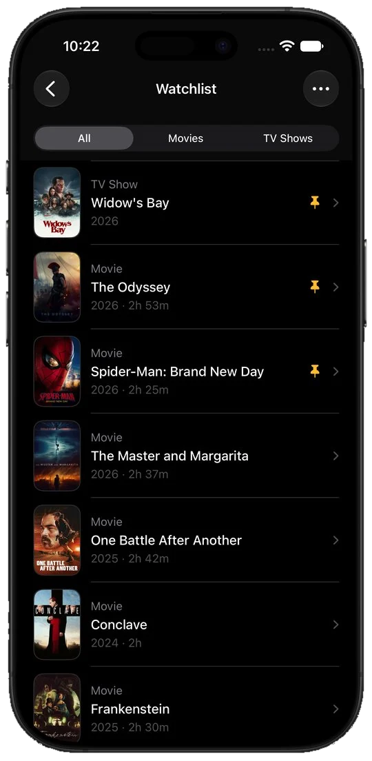 Limelight watchlist on iPhone showing saved movies and shows