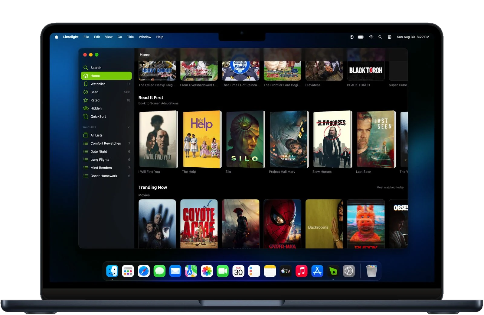 Limelight on a MacBook showing trending titles and the latest trailers