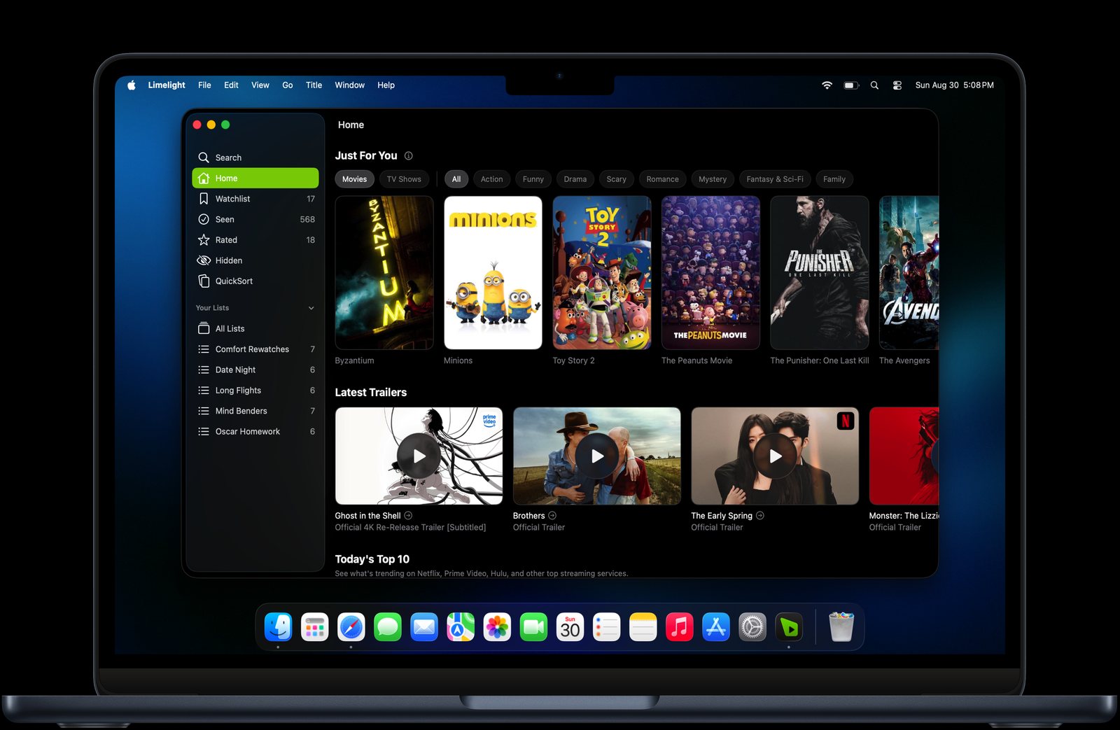Limelight Home on a MacBook with Just For You picks, latest trailers, and Top 10 charts