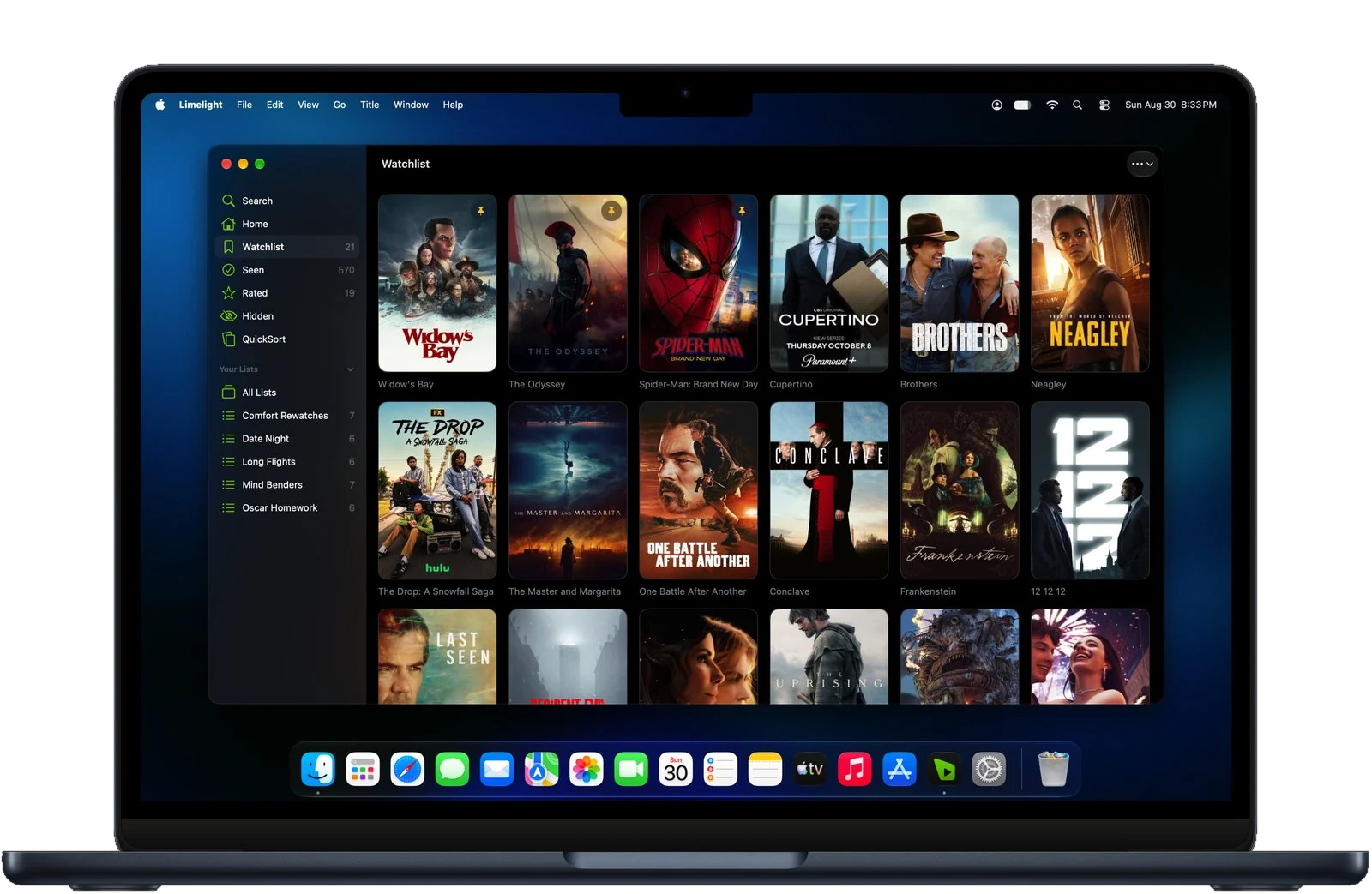 Limelight watchlist on Mac with the sidebar and poster grid