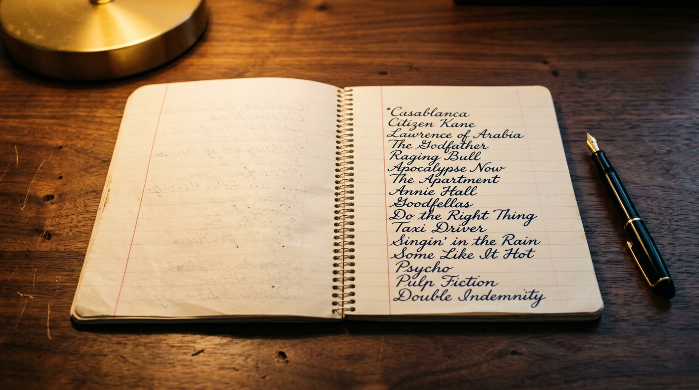 Open notebook with handwritten film titles in cursive on a wooden desk, fountain pen beside it, warm lamp light