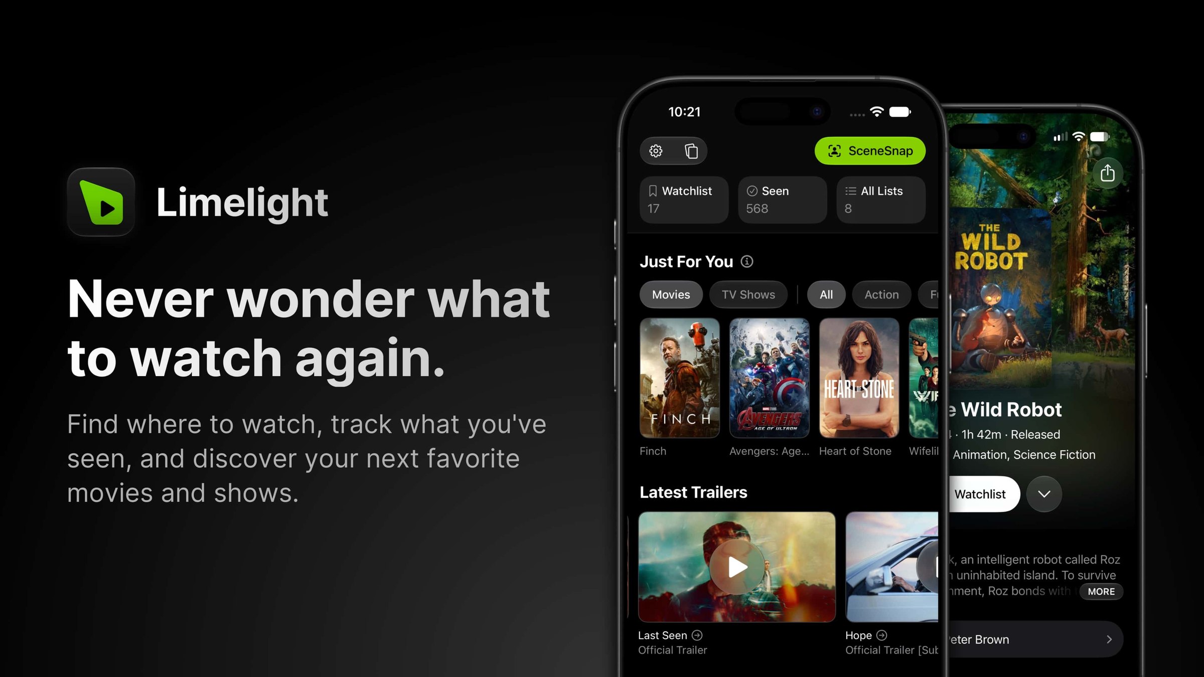 Limelight on iPhone: Never wonder what to watch again, with the home screen and The Wild Robot details page