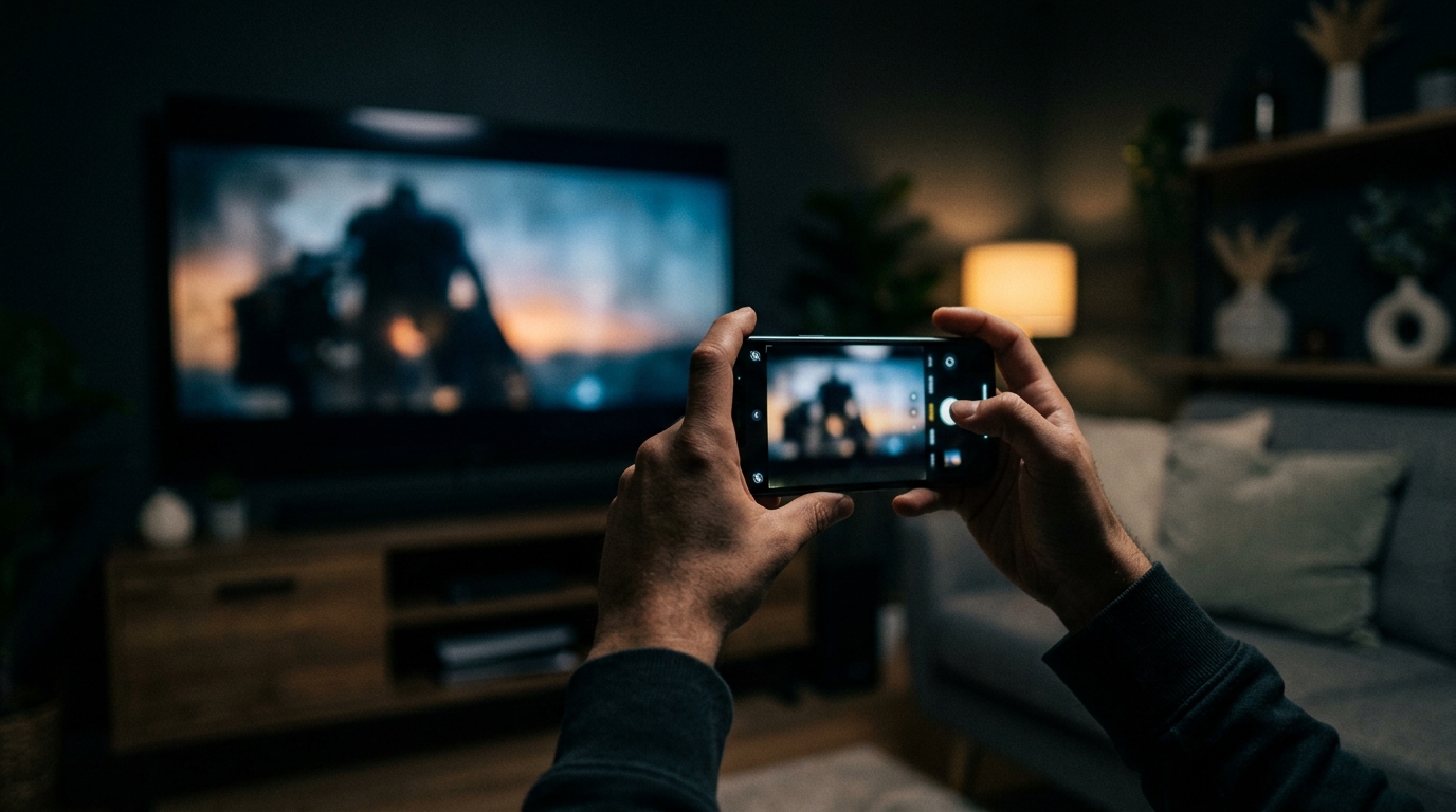 A phone held up to a glowing television in a dark living room