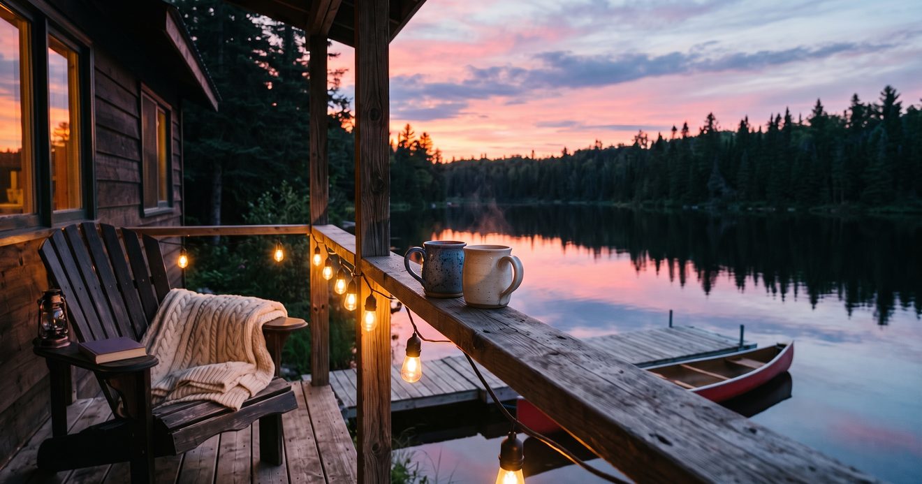 A lakeside cabin porch at dusk with a string of warm lights, two mugs on a wooden railing, and a canoe resting on the dock below