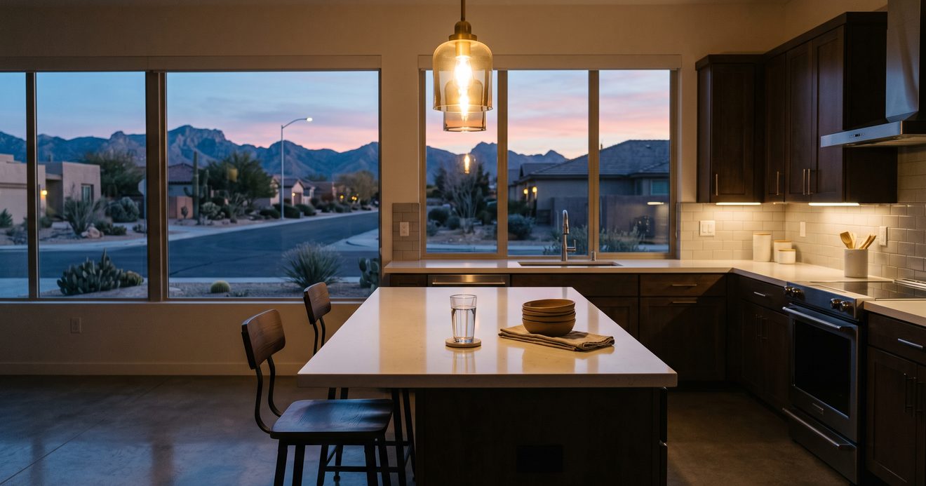 A spotless desert-suburb kitchen at dusk with a pendant light over the island, a single glass of water, and an empty street and mountains outside the window