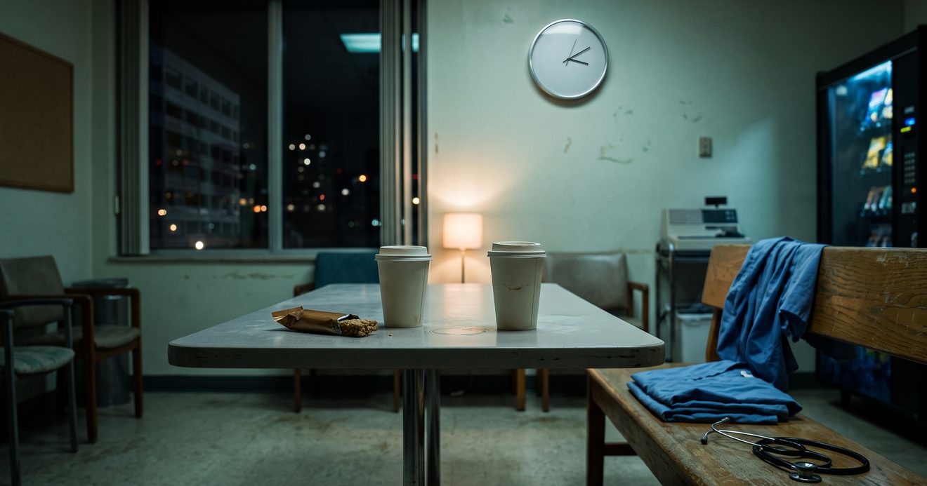 A hospital break room at night with two paper coffee cups, a stethoscope on a bench, a wall clock, and cool fluorescent light