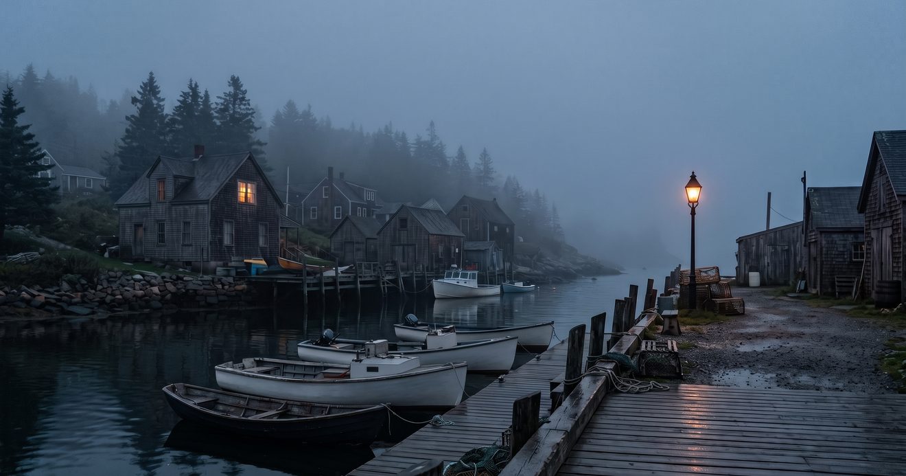 A foggy harbor town at dusk with a lit window in a weathered house, a lone streetlight, and dark pine trees behind it