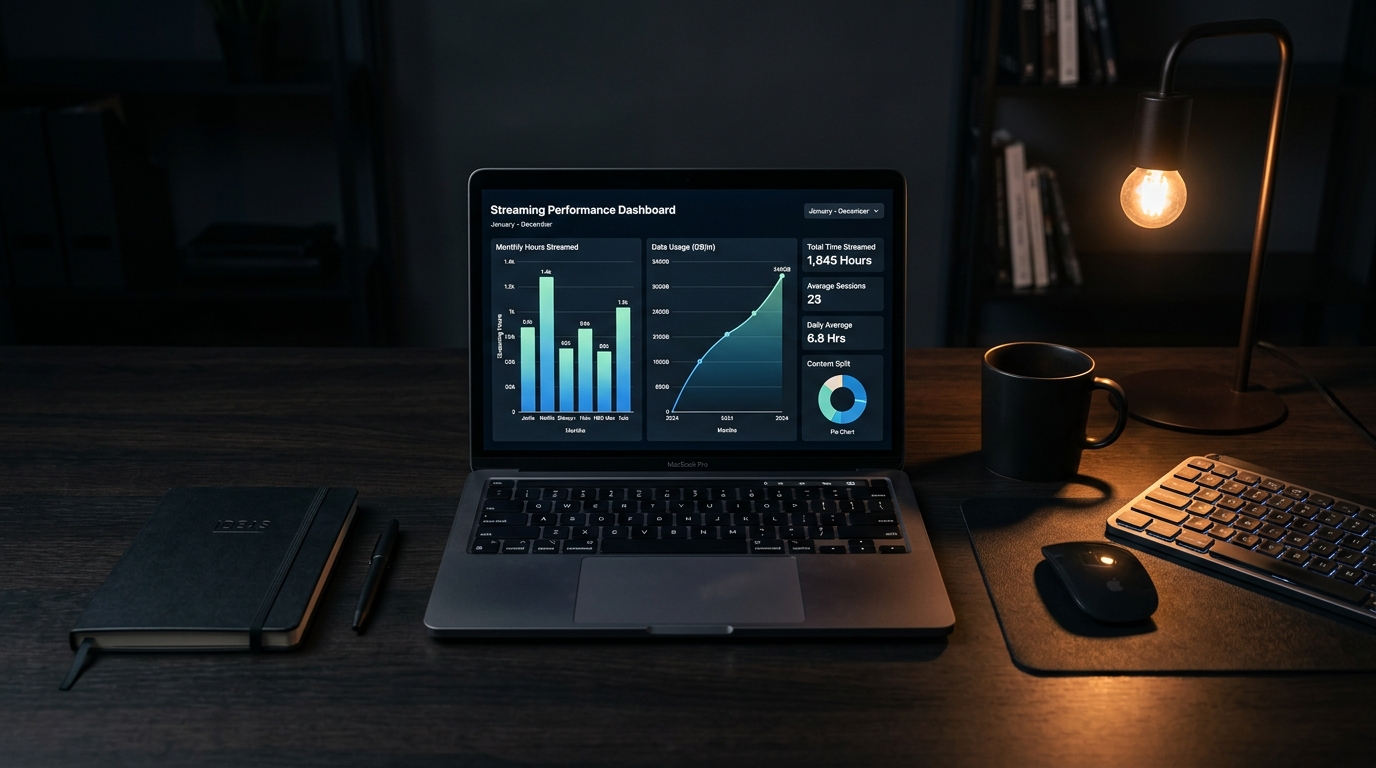 Dark modern desk with laptop showing streaming usage statistics and charts, warm lamp light