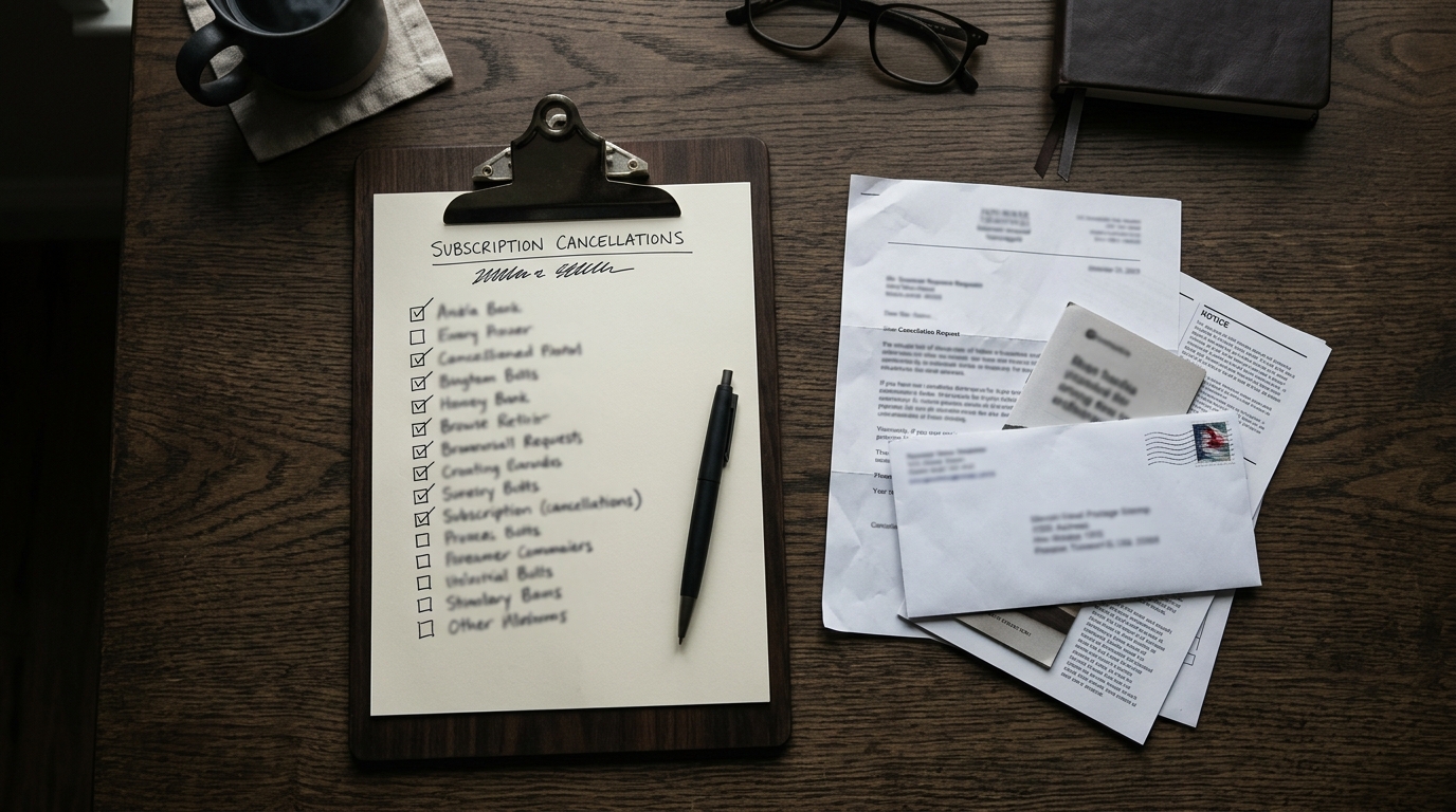 Clipboard with subscription checklist and cancellation papers on a dark wooden desk, overhead flat-lay