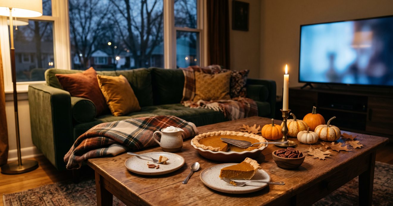 A cozy living room in late November with a pumpkin pie on a wooden coffee table, small pumpkins, a lit candle, a plaid blanket, and a TV glowing in the background