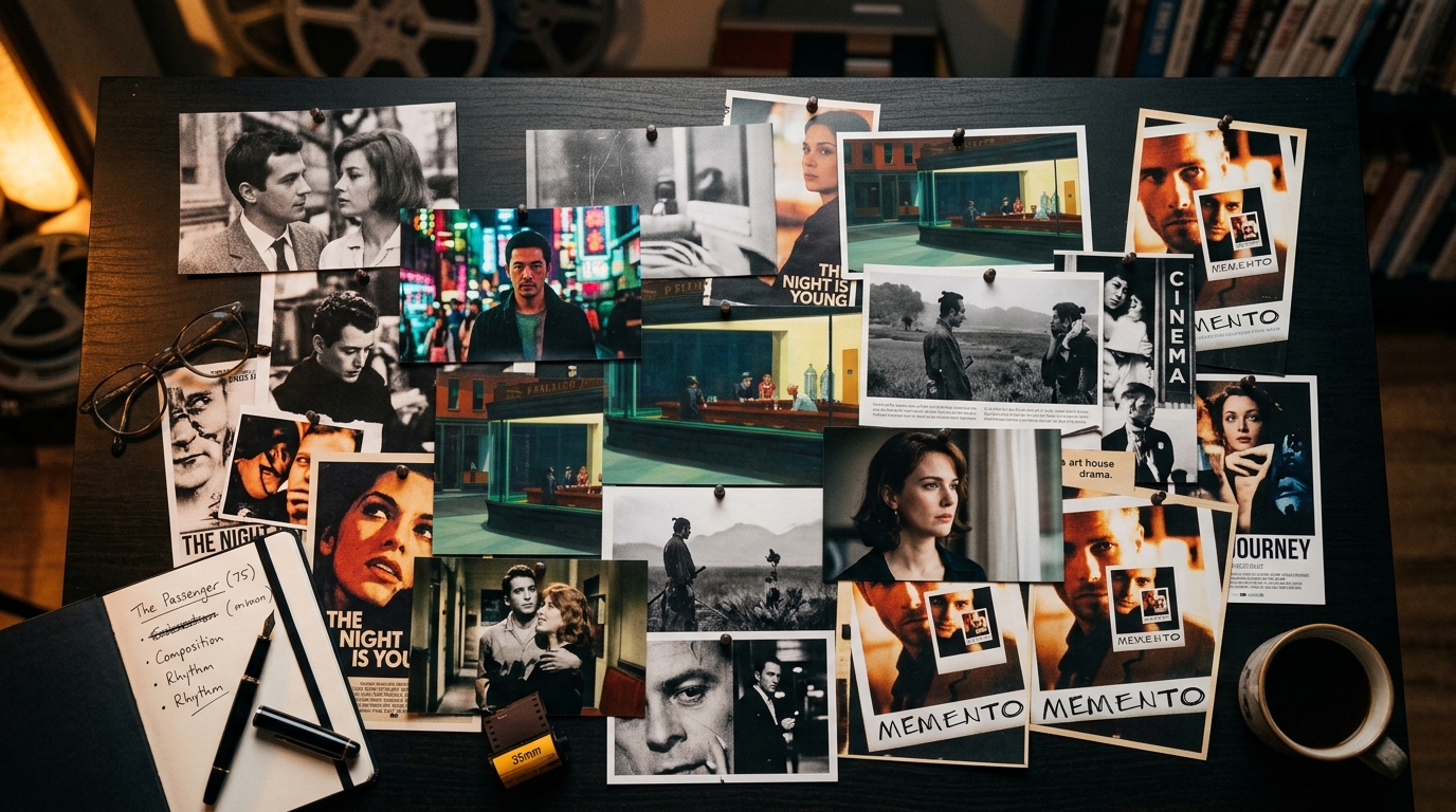Editorial collage of film stills and photos arranged on a dark surface, representing a weekly film picks column